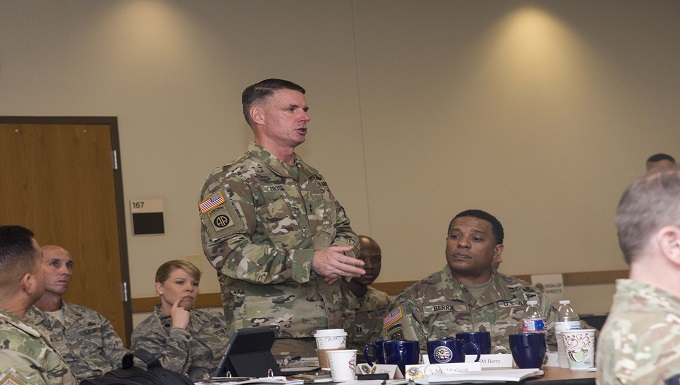 U.S. Army Maj. Gen. Malcolm B. Frost, commander of the U.S. Army Center for Initial Military Training, speaks during the Council on Recruit Basic Training summit, Nov. 8-10, 2017 at Joint Base San Antonio-Lackland, Texas.