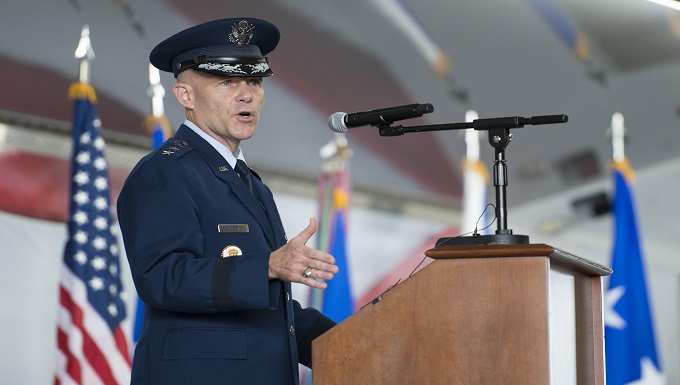 U.S. Air Force Lt. Gen. Steven Kwast, commander of Air Education and Training Command, officially addresses the men and women of the First Command for the first time as their commander during a change of command ceremony Nov. 16, 2017, at Joint Base San Antonio-Randolph, Texas.